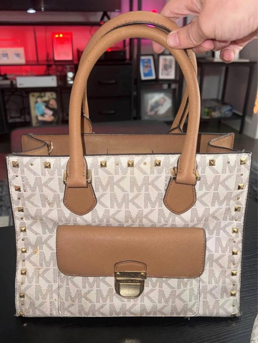 Michael Kors Cream and Tan Logo Studded Satchel